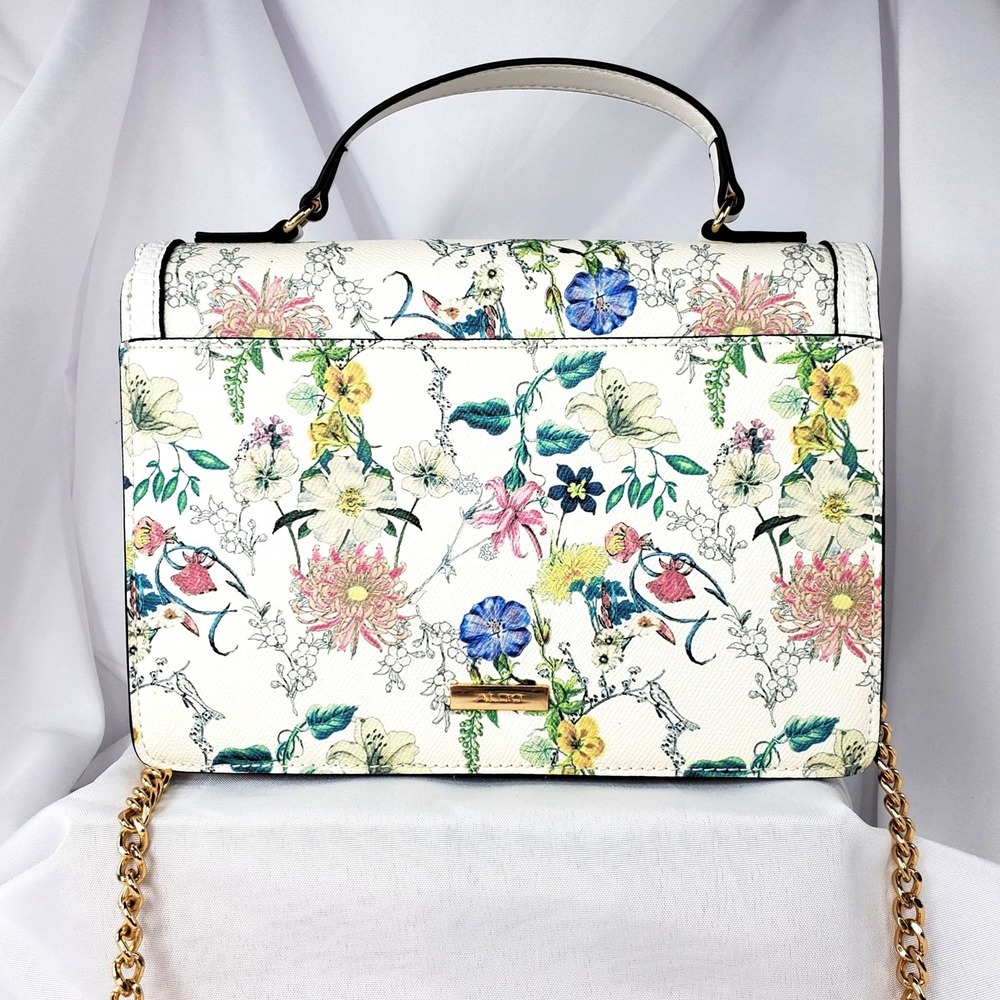 Aldo Floral White Top-Handle Crossbody Bag Gold Chain Strap *READ* - Picture 8 of 12